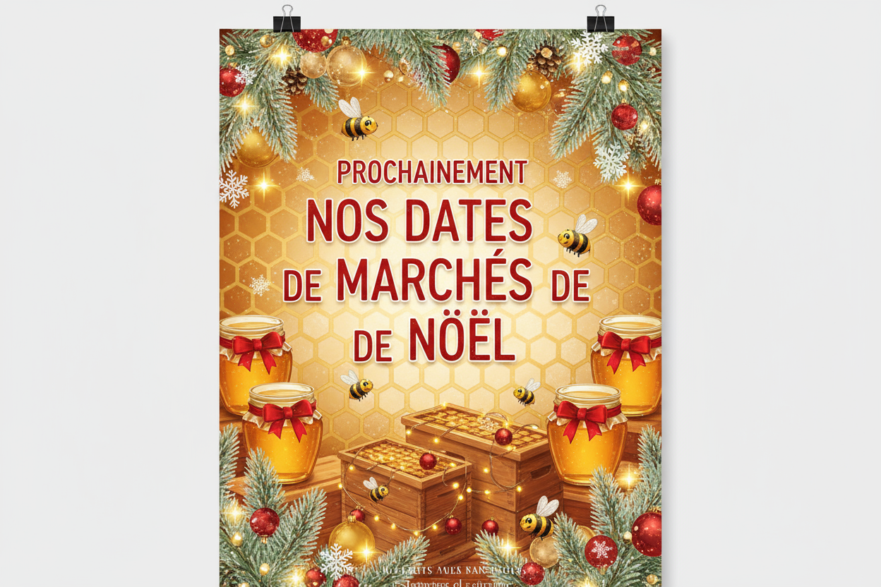 une affiche avec marquée prochainement nos dates de marchés de noel. avec de la deco noel et de l'apiculture